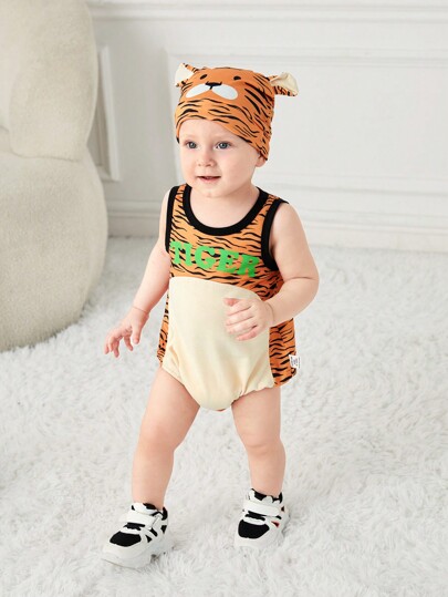 SHEIN Baby Boy Cute And Playful Jumpsuit & Hat With Soft And Comfortable Tiger Cub Costume Design, Ideal For Performances, Cosplay And Fun Role Play