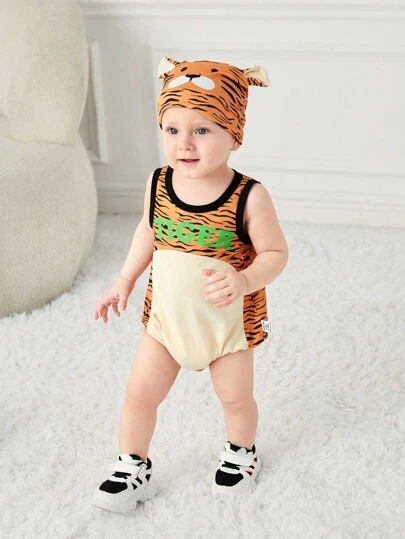 SHEIN Baby Boy Cute And Playful Jumpsuit & Hat With Soft And Comfortable Tiger Cub Costume Design, Ideal For Performances, Cosplay And Fun Role Play