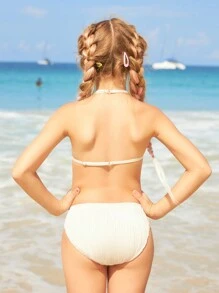 SHEIN Tween Girl Solid Color Textured Swimwear Set - Beige - View 4