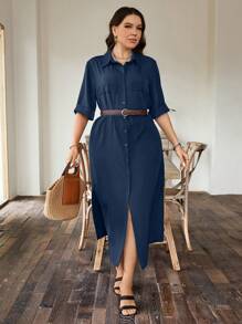 SHEIN LUNE Robe-chemise grande taille noire à manches courtes pour femme pour l'été - Bleu marine - Voir 1