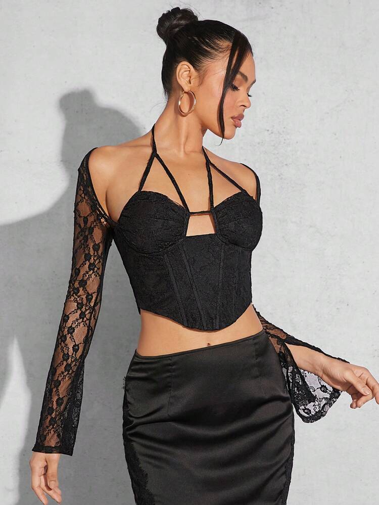 Cut Out Front Lace Shrug Strap Bustier Crop Sexy Top