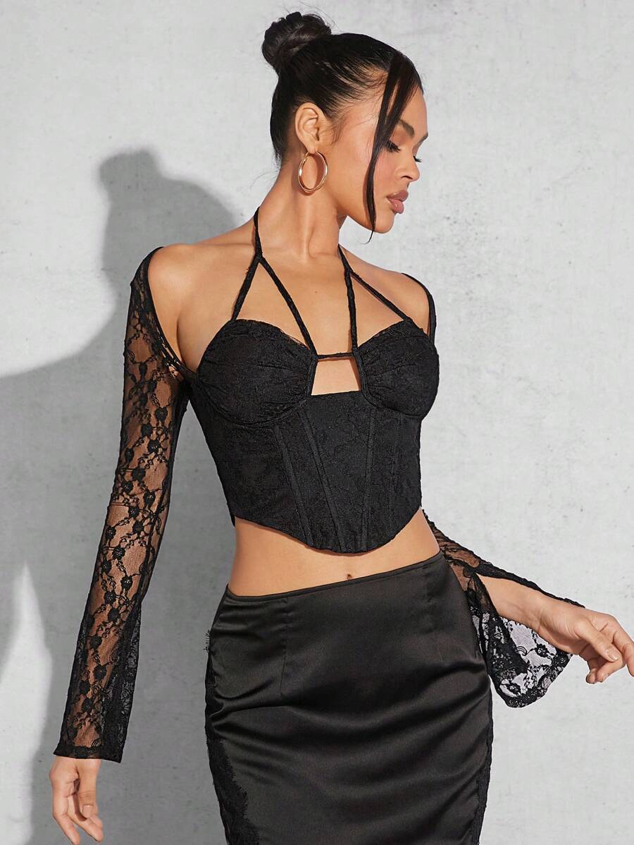 Hauture 镂空前蕾丝耸肩带紧身胸衣短款性感上衣 - 黑色 - 查看 1