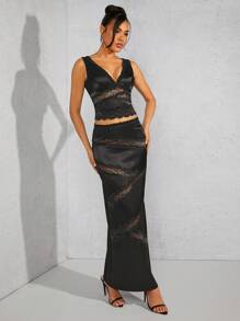 SHEIN Unity Lace Trim Panel Top & Skirt Two Pieces Set - Black - View 1