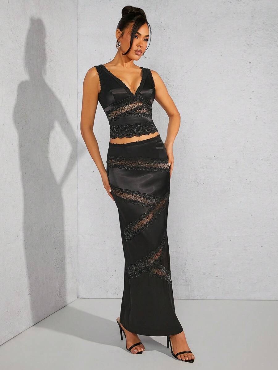 SHEIN Unity Lace Trim Panel Top & Skirt Two Pieces Set - Black - View 1
