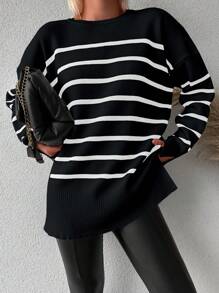 EURMUSE Women's Striped Drop Shoulder Loose Sweater - Black and White - View 5