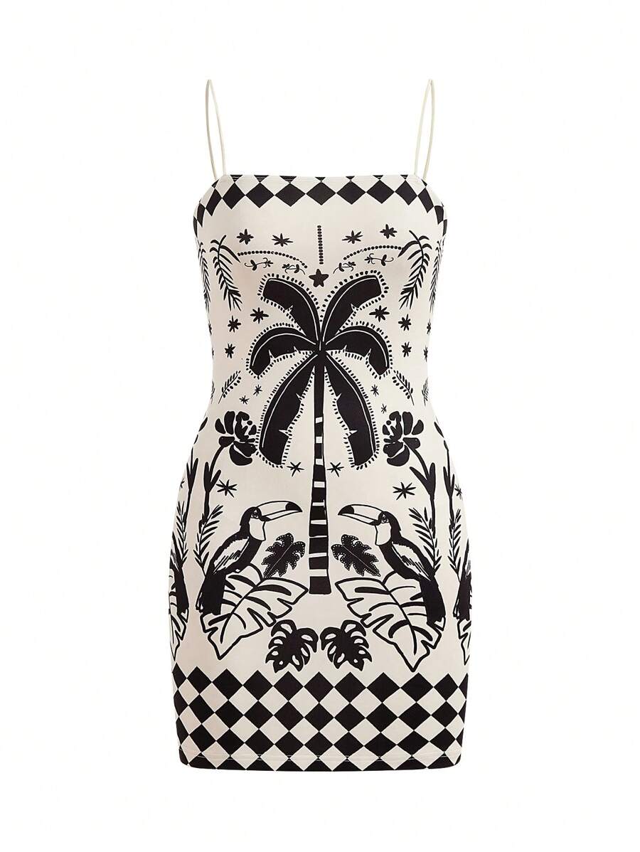 Y2Kool Laura Lessa designs e prints Artist Boho Bohemian Vacation Women Vintage Style Printed Spaghetti Strap Dress, Summer Dress Concert Outfit, For Holiday, Party, Birthday Outfit, Beach, Festival, Rave Outfits Festival, Ibiza Fits, Western Wear, Prom Dress Spring Outfits Women Birthday Outfit For Women Carnival Clothes - Beige - View 1