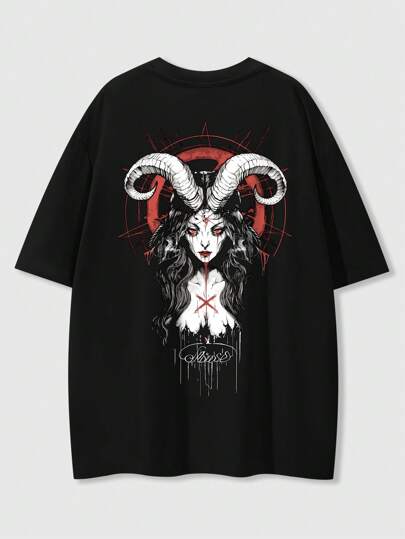 Goth Camiseta oscura gótica con diseño impreso de figura cornuda, adecuada para primavera y verano, para Halloween, escuela