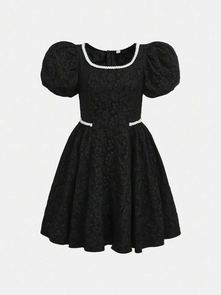Teen Girl Fashionable Solid Color Printed Bubble Sleeve Dress