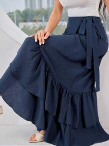 Mulvari Falda larga asimétrica para mujer con detalle de lazo lateral y ribete con volantes en unicolor - Azul Marino - Ver 1