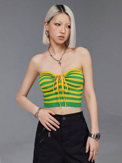 SHEIN EZwear 女性のカジュアルストライプノットクロップトップ、ニット素材を使用