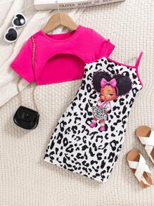 SHEIN Young Girl Interesting And Cute Leopard Cartoon Figure Print Ringer Slip Dress And High-Low Hem Top Two-Piece Set - Hot Pink - View 1