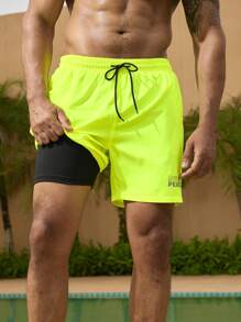 Manfinity Swimmode Quần bơi dây rút đơn giản màu trơn cho nam - Màu xanh chanh - Xem 1