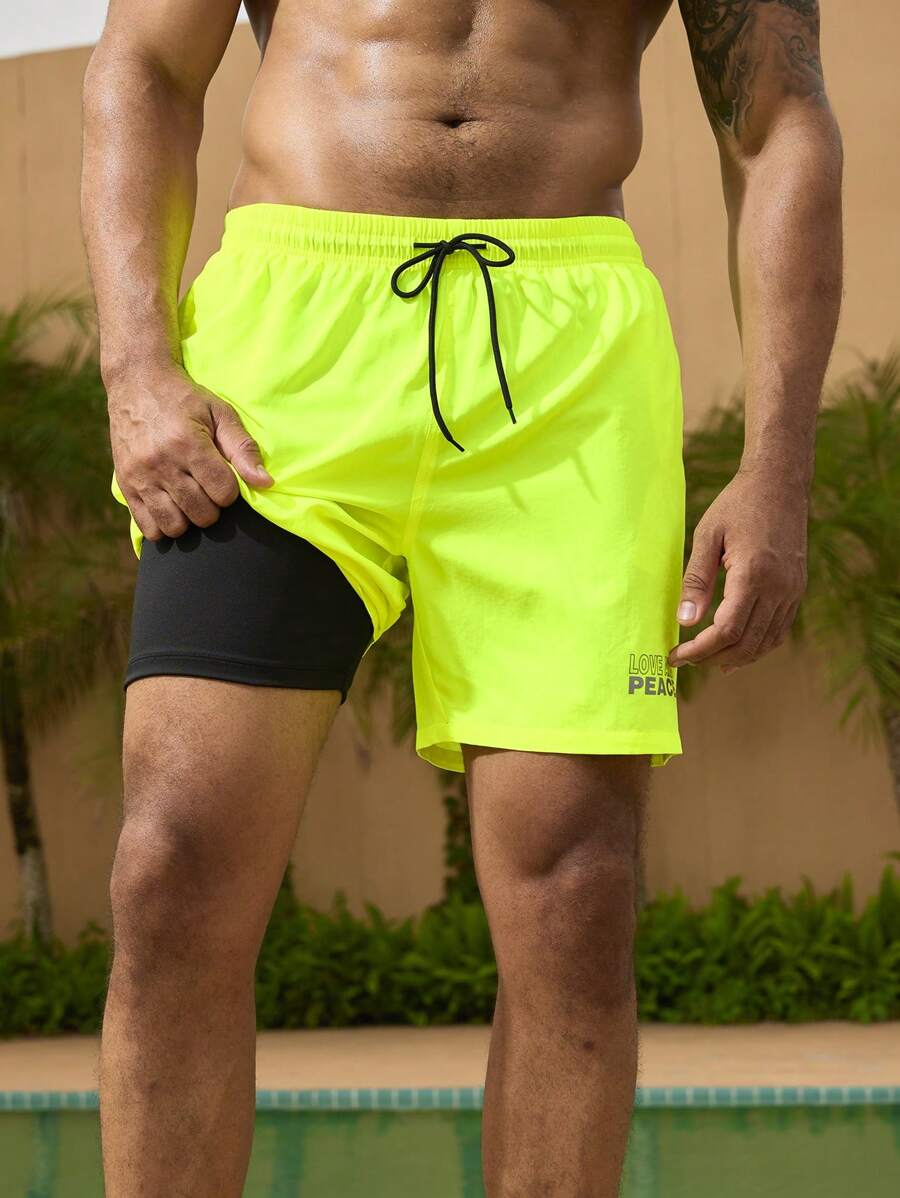 Manfinity Swimmode Quần bơi dây rút đơn giản màu trơn cho nam - Màu xanh chanh - Xem 1