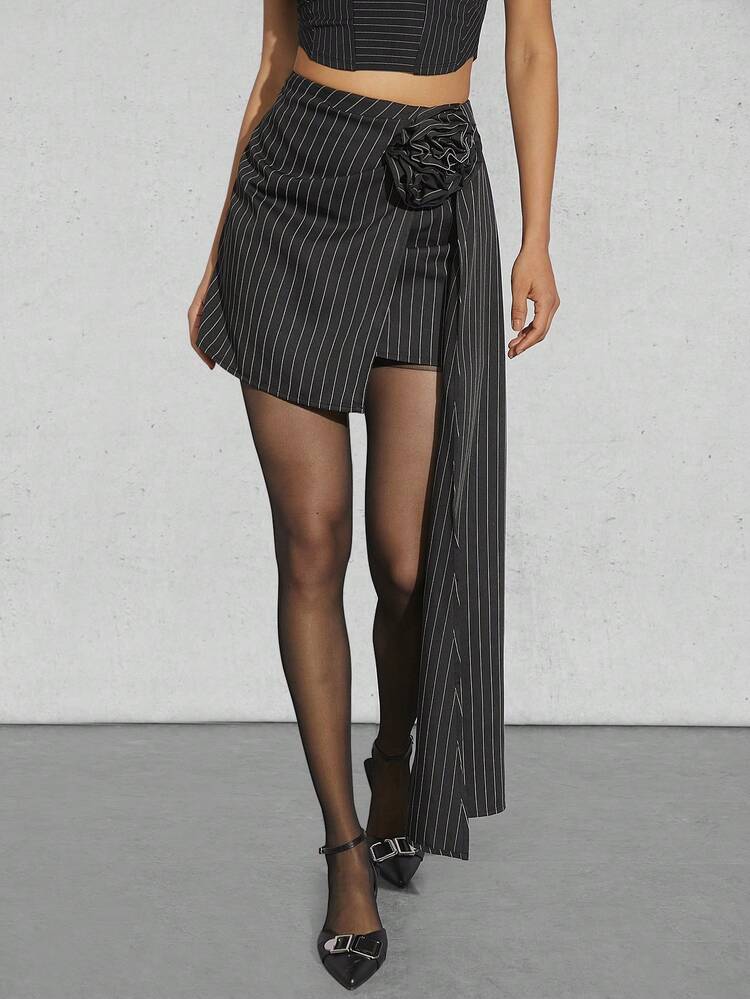 Striped Print Asymmetrical Hem Skirt