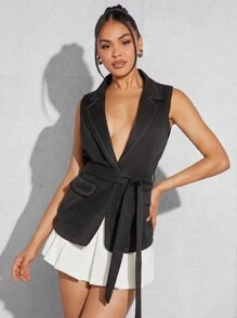 Hauture Contrast Stitch Sleeveless Blazer - Black - View 1
