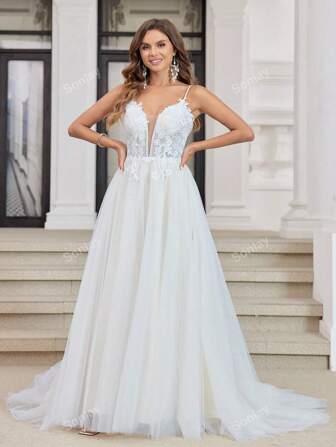 Women's Long Lace Patchwork Wedding Dress