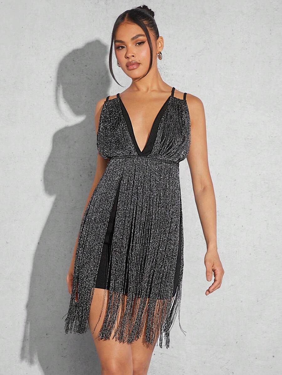 Hauture 女士深V領流蘇時尚派對裙配雙肩帶 - 黑色 - 查看 1