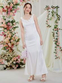 少女白色镂空无袖吊带连衣裙家庭装（2 件单独出售）