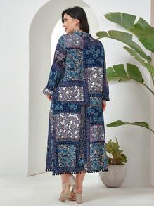 Mulvari Ensemble deux pièces Grande Taille Chemisier à manches longues imprimé patchwork avec ourlet à franges et jupe longue pour vacances et loisirs