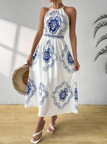 SHEIN VCAY 女士花卉印花露背假日風格連身裙，綁頸肩帶 - 藍白色 - 查看 3