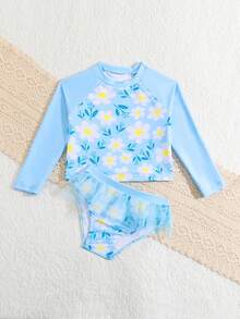 Young Girl Beach Holiday Flower Print & Patchwork Tankini Set - Multicolor - View 5