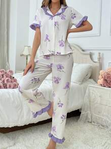 Contrast Color Flower Printed Lapel Collar Pajama Set With Ruffle Sleeve Top And Pants For Women - Lilac Purple - View 5
