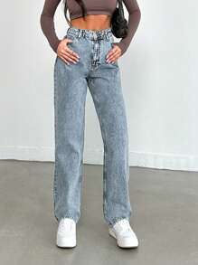 EURMUSE Solid Color Straight Leg Jeans - Medium Wash - View 6
