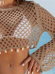 Swim Vcay Beach Outfits For Woman Women Round Neck Seashell Hollow Out Beach Cover Up For Spring And Summer,Summer Beach - Mocha Brown - View 3