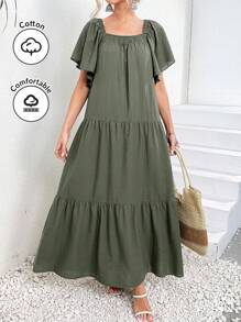 Mulvari 短袖方領地長女裝連衣裙 - 綠色 - 查看 5