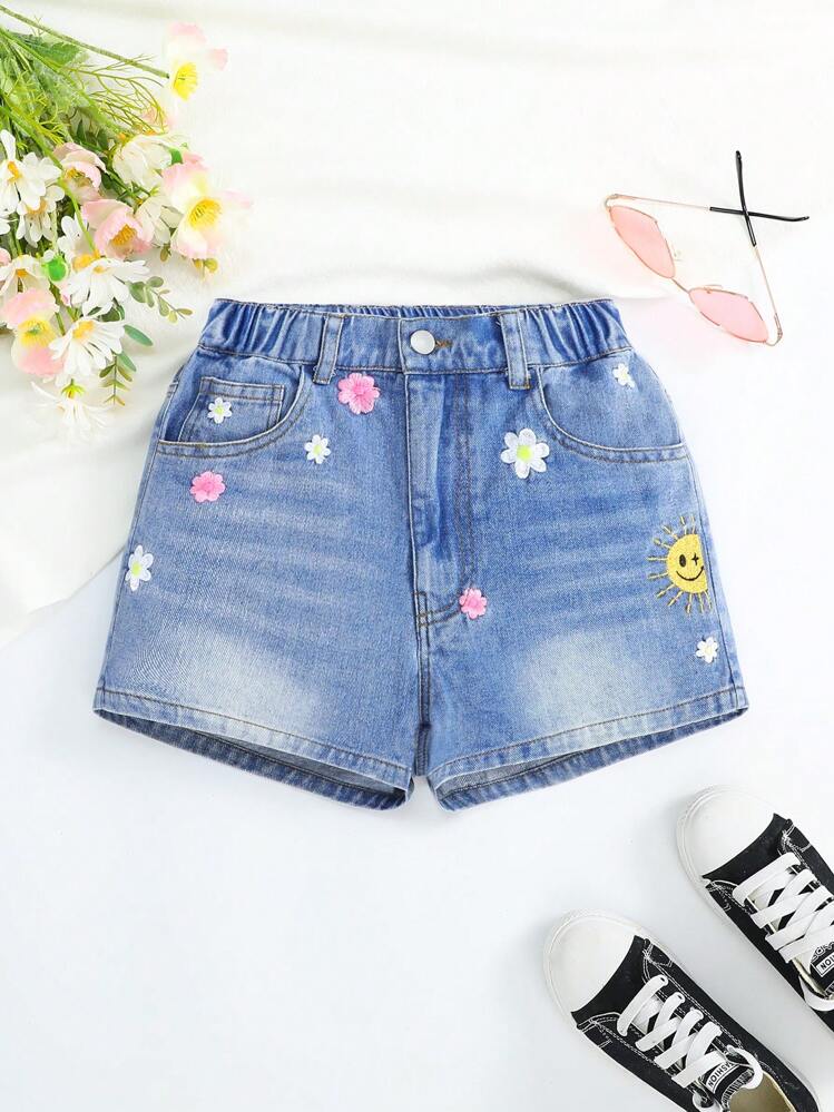 ティーンガール向けかわいい花の刺繍が入ったデニムショートパンツ