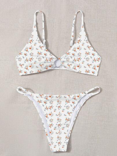 SHEIN Swim Summer Beach Women's Floral Printed Simple Bikini Set, Random Color