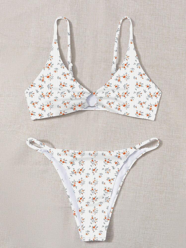 Summer Beach Women's Floral Printed Simple Bikini Set, Random Color