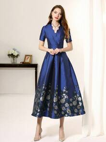 厚重提花短袖優雅花卉派對雞尾酒連衣裙