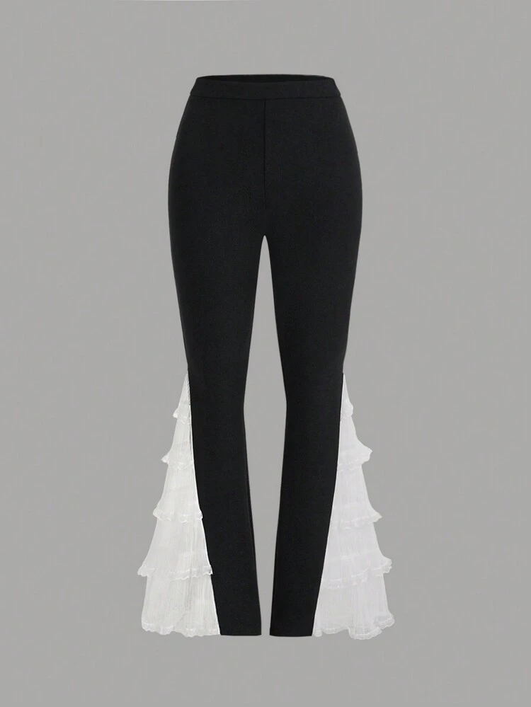 High Waisted Slim Fit Side-Zip Flared Pants With Color Block Design, Multi-Layered Pleated Mesh And Ruffle Hem