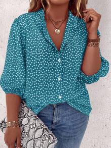 大码休闲灯笼袖衬衫，带小碎花印花，适合春夏季 - 水鴨藍 - 查看 1