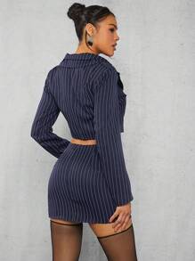 Hauture Striped Print Lapel Neck Crop Blazer & Split Hem Skirt - Biru - View 2