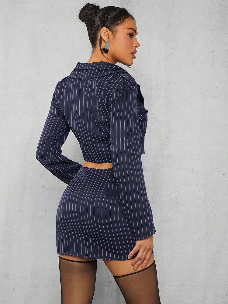 Striped Print Lapel Neck Crop Blazer & Split Hem Skirt