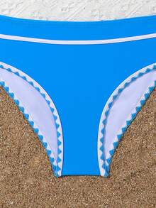 Tween Girl Resort 条纹装饰圆领无袖休闲分体泳衣套装 - 藍色 - 查看 5