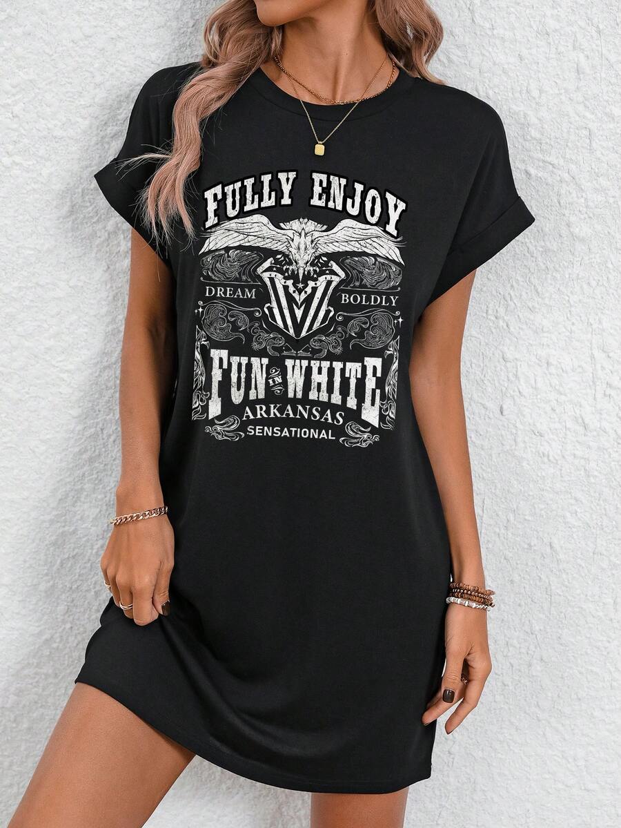 SHEIN LUNE Đầm mùa hè cổ tròn tay ngắn rộng rãi phong cách cổ điển cho nữ - màu đen - Xem 1