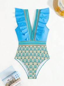 Swim Lushoire 夏季沙灘連身泳衣,拼接印花設計,v 領,荷葉邊 - 彩色 - 查看 6
