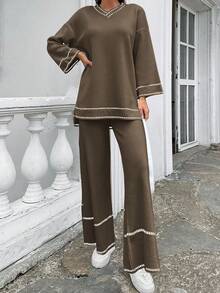 EURMUSE Conjunto De Duas Peças Tricô Suéter De Ombro Caído Com Decote Em V E Calça De Tricô Com Borda Listrada - Castanho - Ver 3