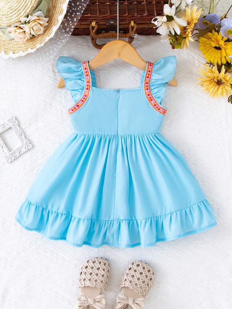 Baby Girl Summer Holiday Floral Print Color Block Ruffle Edge Sleeveless Dress Lightweight Section