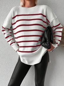 SHEIN Cottnline Women's Striped Drop Shoulder Knitted Sweater - Red - View 3