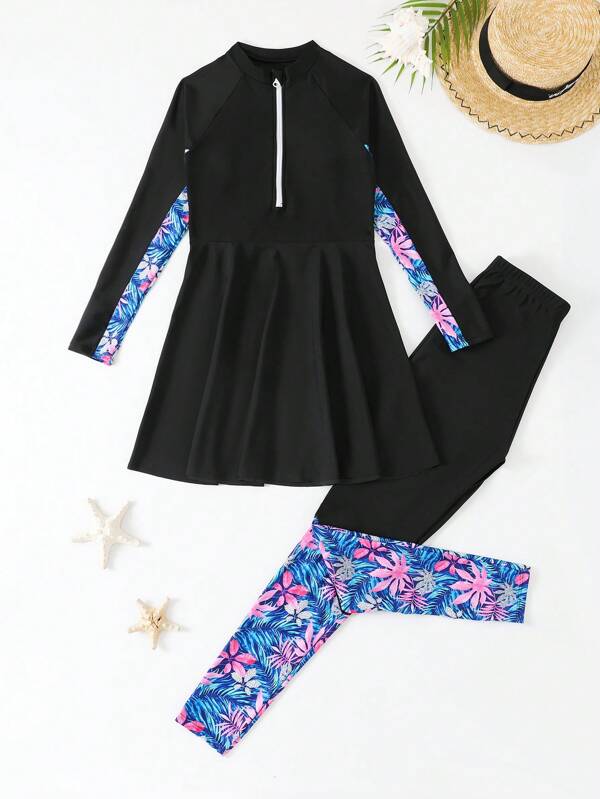 SHEIN Teen Girl Printed Patchwork Swimwear Set With Long Sleeve Swim Shirt And Swim Shorts For Vacation