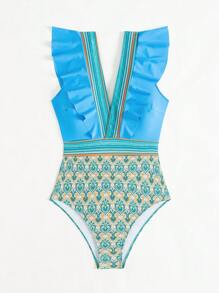 Swim Lushoire 夏季沙灘連身泳衣,拼接印花設計,v 領,荷葉邊 - 彩色 - 查看 5
