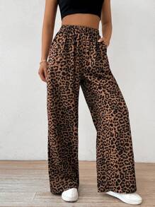 SHEIN EZwear 女式彈性腰寬腿豹紋寬鬆長褲 - 彩色 - 查看 6