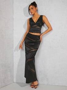 SHEIN Unity Lace Trim Panel Top & Skirt Two Pieces Set - Black - View 5
