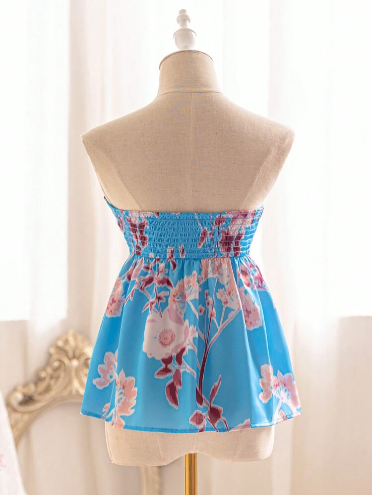 Vacation Women's Summer Romantic Floral Tie Front Tube Top With Slit Hem, Fashion & Stylish, Perfect For Wedding Season