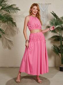 女士潮流露肩連帽上衣和高腰裙套裝，玫瑰紅色，母女裝配對款（兩件套裝分開售）