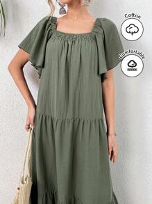 Mulvari 短袖方領地長女裝連衣裙 - 綠色 - 查看 2